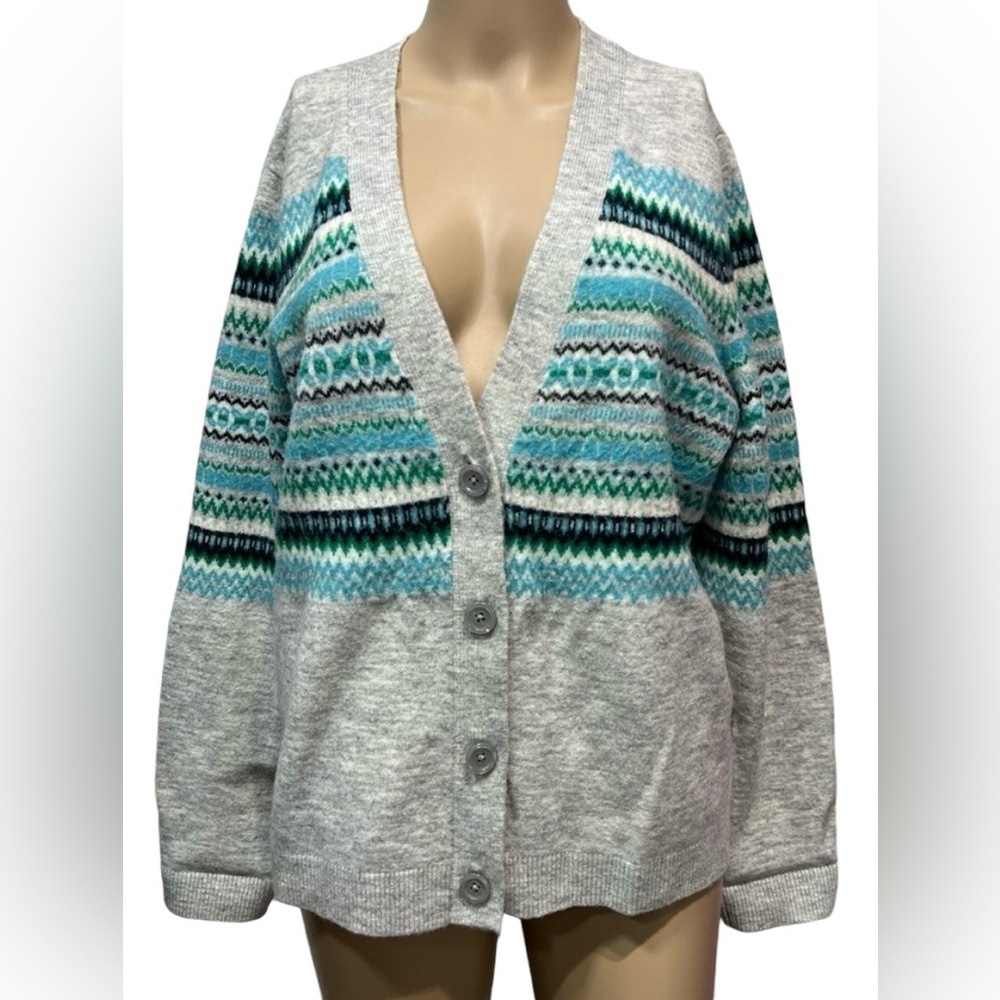 Talbots women sweater v neck Large Petite buttons long sleeves gray blue